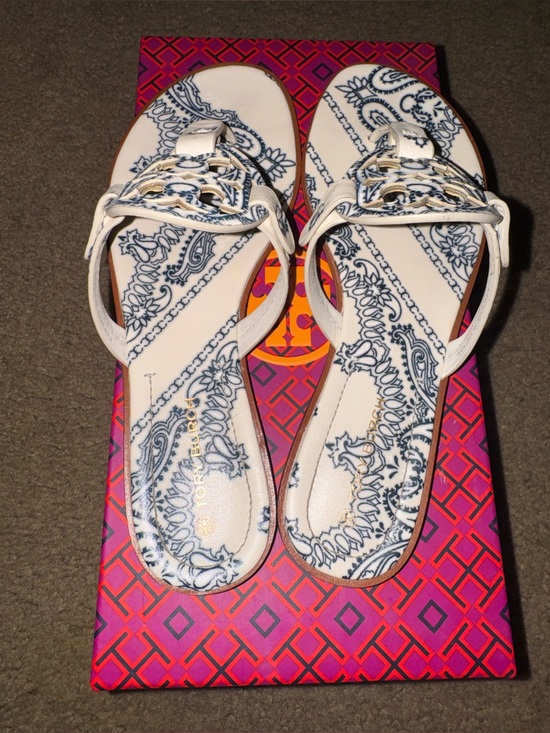 Tory Burch Shoes - Tory Burch White & Navy Paisley Miller Thong Sandals